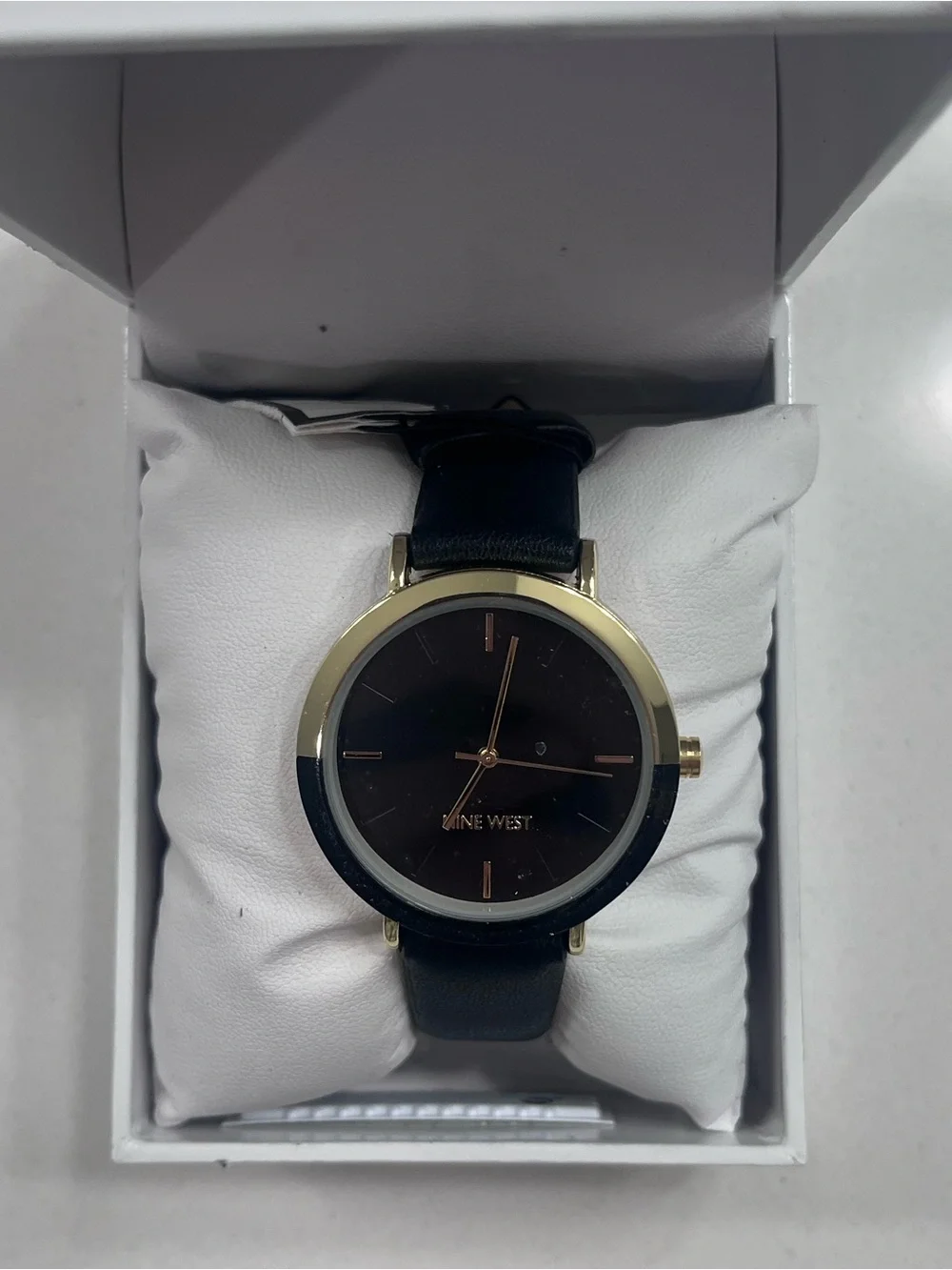 Nine West Black and Gold Round Face Leather Strap Watch NWT